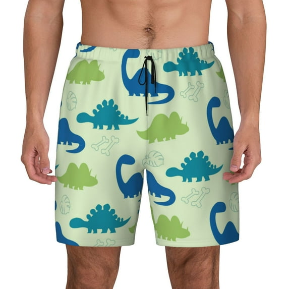 Haiem Cute Dinosaur Blue Green Mens Swim Trunks with Compression Liner 2 in 1 Swimming Shorts Stretch Swimwear Quick Dry,Board Shorts-XX-Large