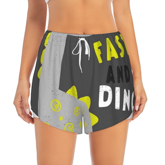 Haiem Cute Dinosaur Women's 2 in 1 Running Shorts - Lightweight Athletic Workout Gym Yoga Breathable Sports Shorts Liner with Phone Pockets-Large