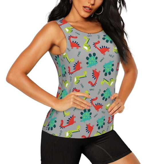 Haiem Cute Dinosaur Workout Tank Tops for Women, Athletic Sports Slim-Fit Tank Tops, Compression Sleeveless Dry Fit Shirts,Athletic Shirt-XX-Large
