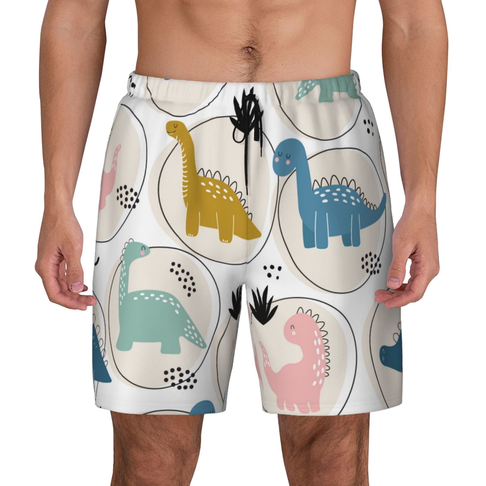 Haiem Cute Dinosaurs Mens Swim Trunks with Compression Liner 2 in 1