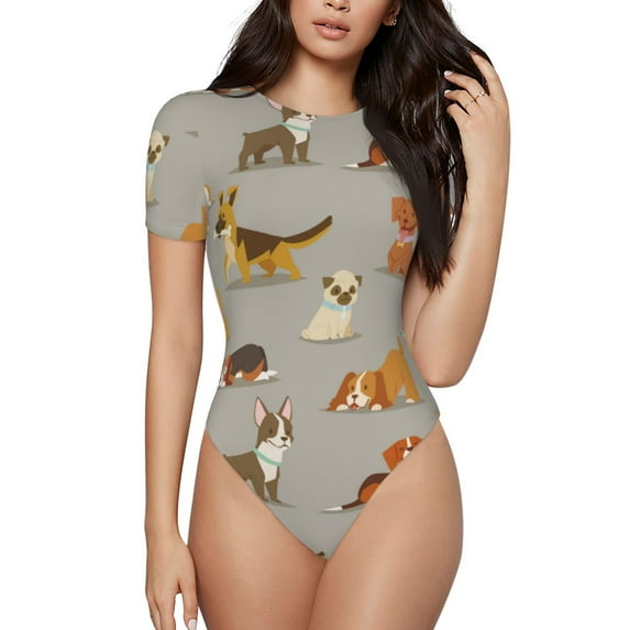 Haiem Cute Dog Women's Crew Neck Short Sleeve Bodysuit Tops Stretchy Slim Basic-XX-Large