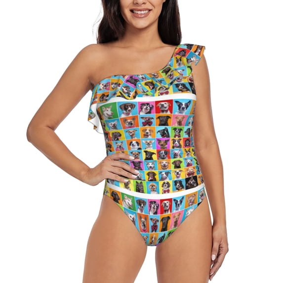 Haiem Cute Dogs Collage Women's One Piece Swimsuits Tummy Control One Shoulder Bathing Suits Ruffle Swimwear-Small