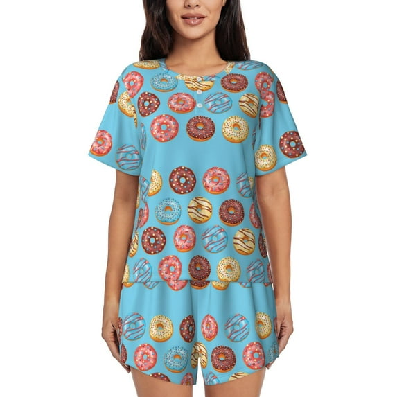 Haiem Cute Donut Pattern Pajama Set for Women 2 Piece Lounge Set Short Sleeve Tops and Shorts Soft Sleepwear-Medium
