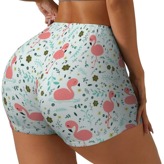 Haiem Cute Flamingo No Front Seam Biker Shorts for Women Yoga Workout Gym Bike Shorts with Tummy Control Moisture-Wicking-Medium
