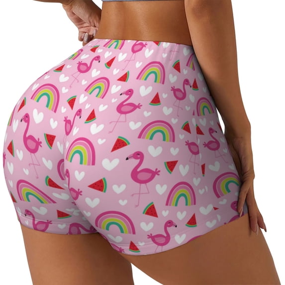 Haiem Cute Flamingo No Front Seam Biker Shorts for Women Yoga Workout Gym Bike Shorts with Tummy Control Moisture-Wicking-Small
