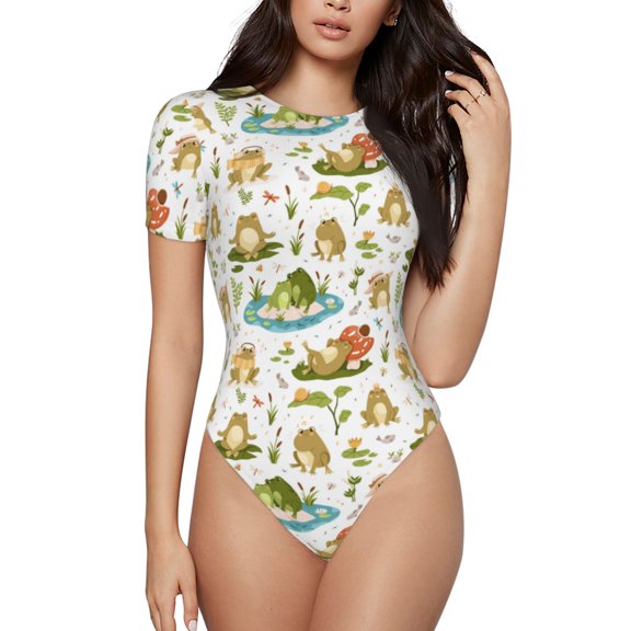Haiem Cute Frog Women's Crew Neck Short Sleeve Bodysuit Tops Stretchy Slim Basic-XX-Large