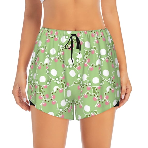Haiem Cute Frog2 Women's 2 in 1 Running Shorts - Lightweight Athletic Workout Gym Yoga Breathable Sports Shorts Liner with Phone Pockets-X-Large
