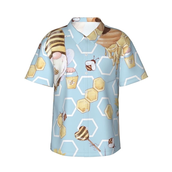 Haiem Cute Gnome Bee Collects Honey Printed Hawaiian Shirt for Men - Men’s Casual Beach Summer Shirts - Stretch Fabric with Modern Fit-Medium