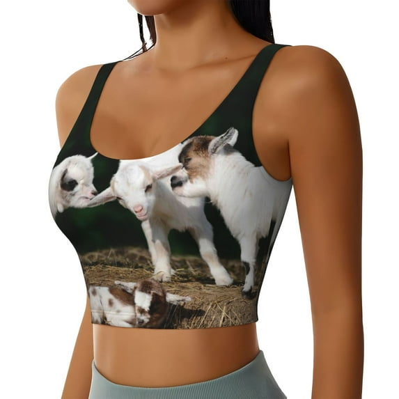 Haiem Cute Goat Baby Pattern Womens Sports Bra - U Neck Padded Low Impact Yoga Bra Workout Crop Top Gym Moisture-Wicking Workout Vest -