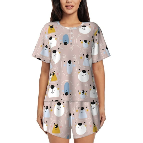 Haiem Cute Hand Drawn Bear Pattern Pajama Set for Women 2 Piece Lounge Set Short Sleeve Tops and Shorts Soft Sleepwear-Small