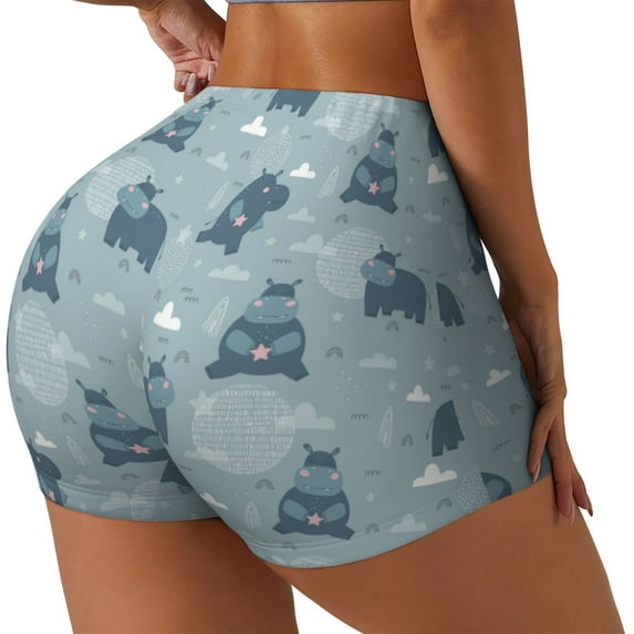 Haiem Cute Hippopotamus No Front Seam Biker Shorts for Women Yoga Workout Gym Bike Shorts with Tummy Control Moisture-Wicking-Medium