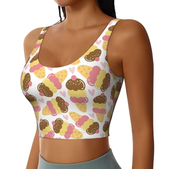 Haiem Cute Ice Cream Pattern Womens Sports Bra - U Neck Padded Low Impact Yoga Bra Workout Crop Top Gym Moisture-Wicking Workout Vest -Medium