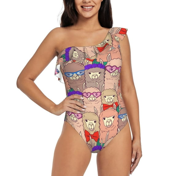 Haiem Cute Lamas Women's One Piece Swimsuits Tummy Control One Shoulder Bathing Suits Ruffle Swimwear-Large