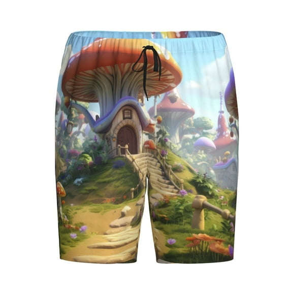 Haiem Cute Mushroom Town Men's Pajama Short with Soft Woven Cotton Elastic Waistband Sleep Short-XX-Large