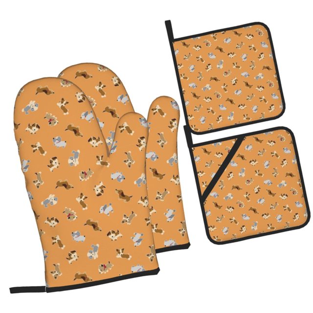Haiem Cute Puppy J Print Extra Long Oven Mitts and Pot Holders 4pc Sets