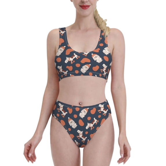 Haiem Cute Puppy Women's High Waisted Bikini Set Two Piece Bathing Suits High Cut Bikini Cut Out Swimsuits Scoop Neck Swimsuit-Small