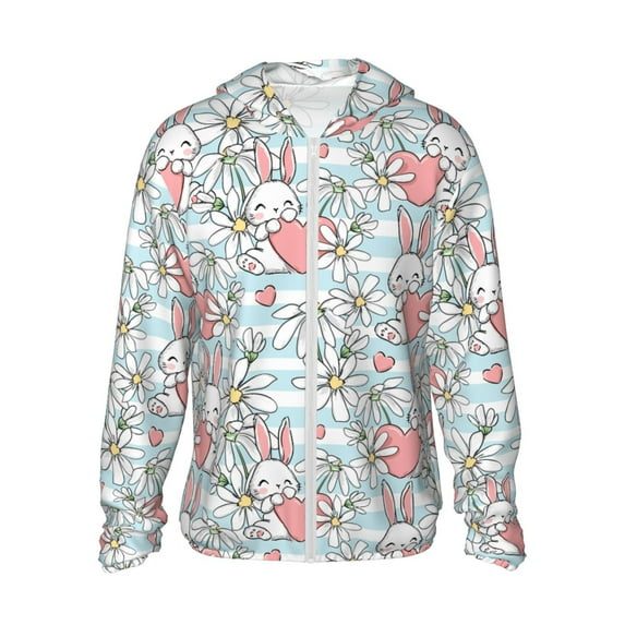 Haiem Cute Rabbit And Heart UPF 50+ Fishing Shirts for Men Long Sleeve UV Sun Protection Hoodie Non-Mask Outdoor Hiking Shirts