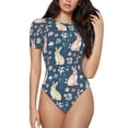 thumbnail image 1 of Haiem Cute Rabbit Floral Women's Crew Neck Short Sleeve Bodysuit Tops Stretchy Slim Basic-Large, 1 of 9