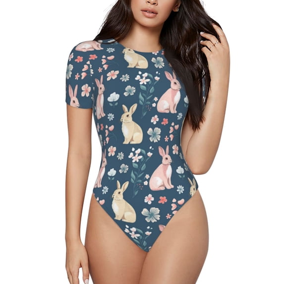 Haiem Cute Rabbit Floral Women's Crew Neck Short Sleeve Bodysuit Tops Stretchy Slim Basic-Large