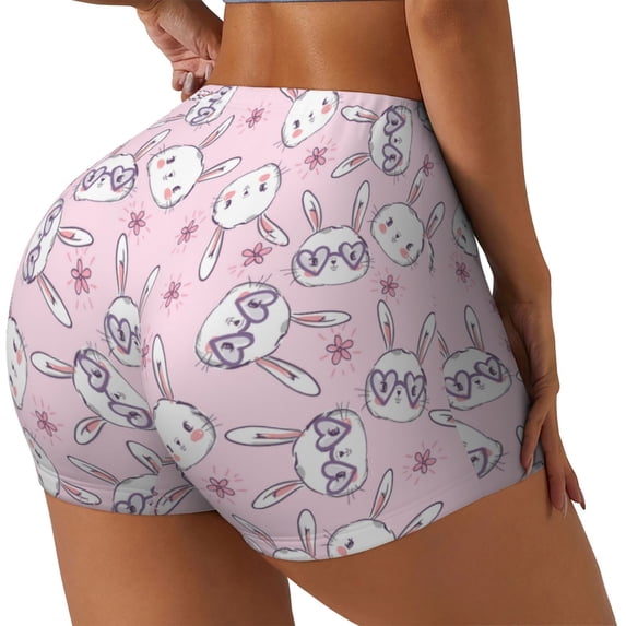 Haiem Cute Rabbit Flower No Front Seam Biker Shorts for Women Yoga Workout Gym Bike Shorts with Tummy Control Moisture-Wicking-