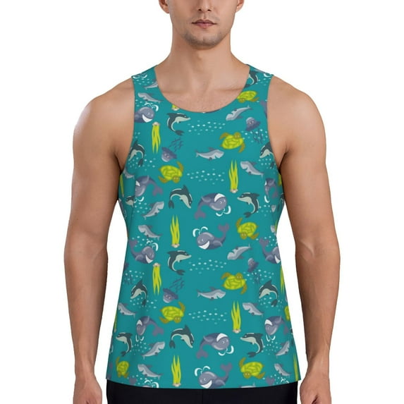 Haiem Cute Shark Turtle Men Workout Tank Top Gym Bodybuilding Sleeveless Muscle T Shirts Athletic Tank Breathable Workout Shirt-4X-Large