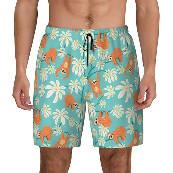 Haiem Cute Sloth on Floral Tree Mens Swim Trunks with Compression Liner 2 in 1 Swimming Shorts Stretch Swimwear Quick Dry,Board Shorts-3X-Large
