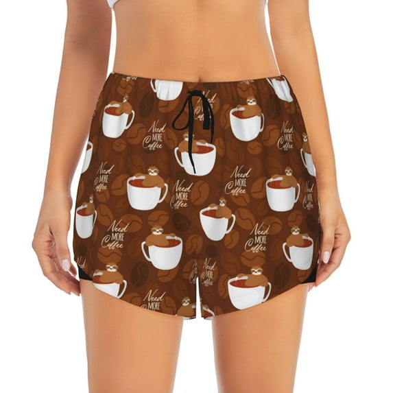 Haiem Cute Sloths Bear Relaxing In Coffee Cup Women's 2 in 1 Running Shorts - Lightweight Athletic Workout Gym Yoga Breathable Sports Shorts Liner with Phone Pockets-Small