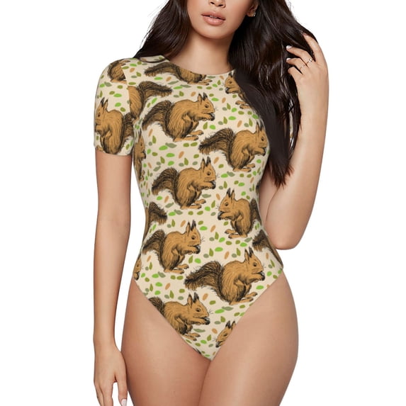 Haiem Cute Squirrel with Green Leaves Women's Crew Neck Short Sleeve Bodysuit Tops Stretchy Slim Basic-X-Large