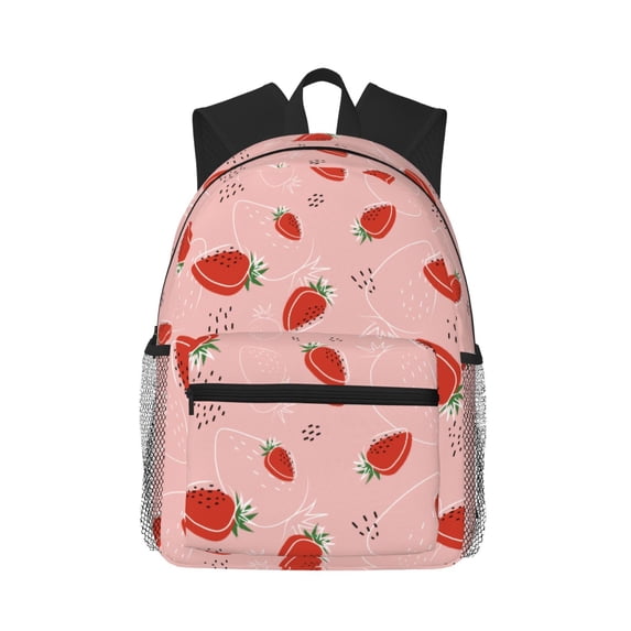 Haiem Strawberry Lightweight Backpack for School, Classic Basic Water Resistant Casual Daypack for Travel with Bottle Side Pockets