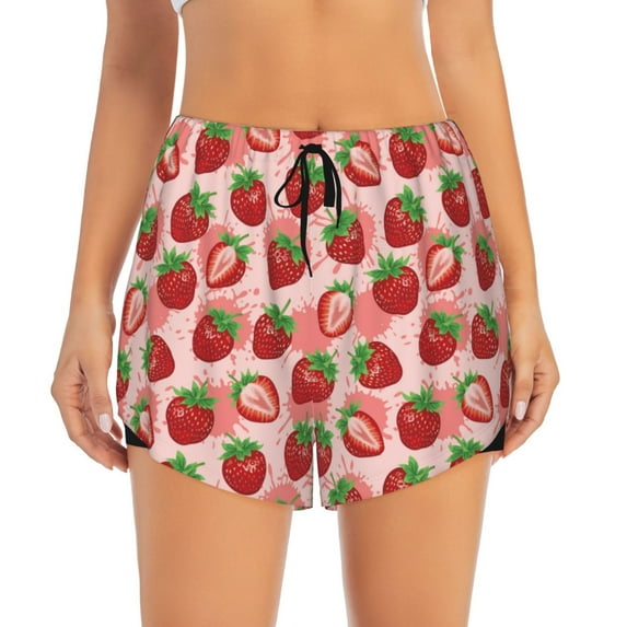 Haiem Cute Strawberry Women's 2 in 1 Running Shorts - Lightweight Athletic Workout Gym Yoga Breathable Sports Shorts Liner with Phone Pockets-Large