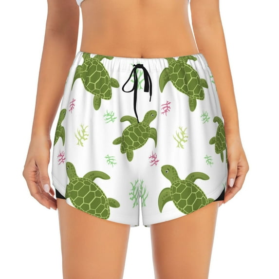 Haiem Cute Turtle Women's 2 in 1 Running Shorts - Lightweight Athletic Workout Gym Yoga Breathable Sports Shorts Liner with Phone Pockets-Large