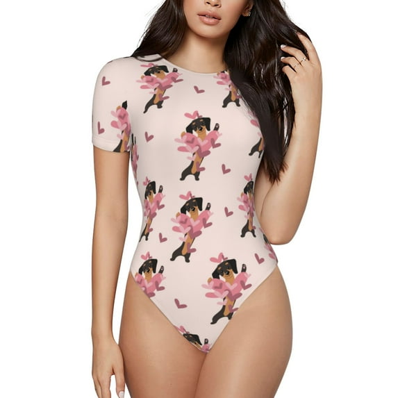 Haiem Dachshund Dog Heart Women's Crew Neck Short Sleeve Bodysuit Tops Stretchy Slim Basic-Small
