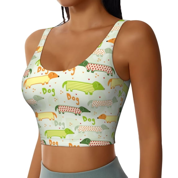 Haiem Dachshund Dog Puppy Pattern Womens Sports Bra - U Neck Padded Low Impact Yoga Bra Workout Crop Top Gym Moisture-Wicking Workout Vest -Large