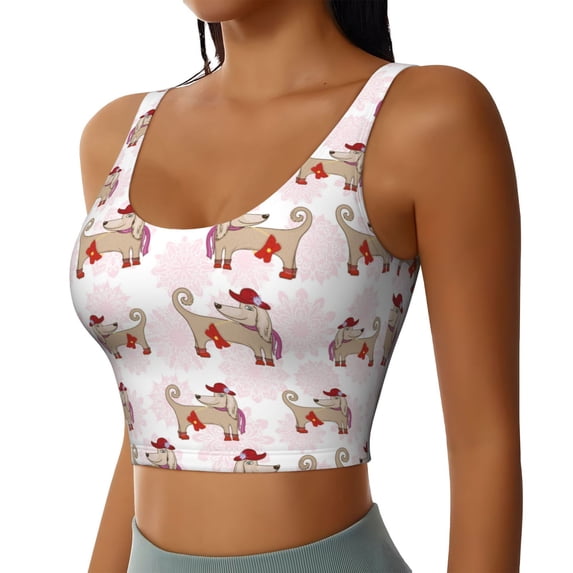 Haiem Dachshund Dog Puppy Pattern Womens Sports Bra - U Neck Padded Low Impact Yoga Bra Workout Crop Top Gym Moisture-Wicking Workout Vest -Medium