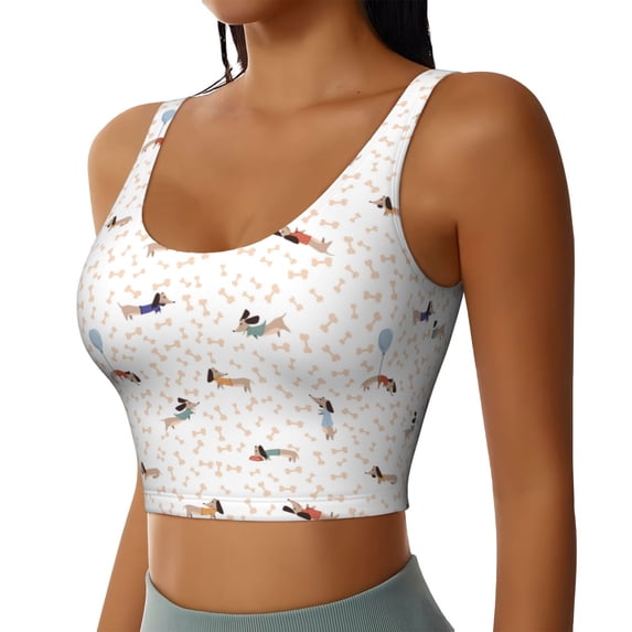 Haiem Dachshund Dog Puppy Pattern Womens Sports Bra - U Neck Padded Low Impact Yoga Bra Workout Crop Top Gym Moisture-Wicking Workout Vest -Small