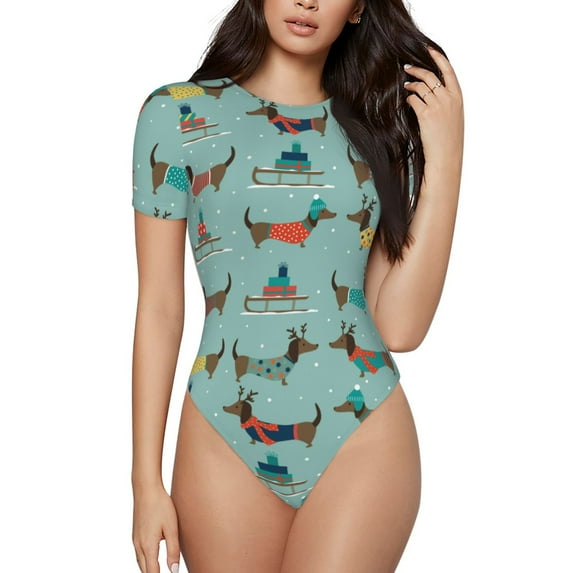 Haiem Dachshund Dog Puppy Women's Crew Neck Short Sleeve Bodysuit Tops Stretchy Slim Basic-Medium
