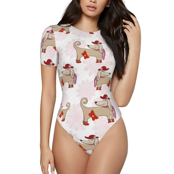 Haiem Dachshund Dog Puppy Women's Crew Neck Short Sleeve Bodysuit Tops Stretchy Slim Basic-XX-Large