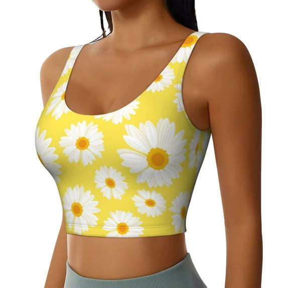 Haiem Daisies Flowers Pattern Womens Sports Bra - U Neck Padded Low Impact Yoga Bra Workout Crop Top Gym Moisture-Wicking Workout Vest -Large