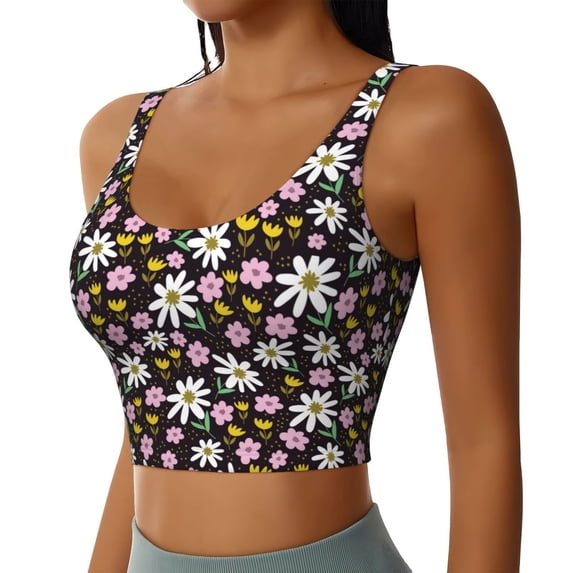 Haiem Daisies Flowers Pattern Womens Sports Bra - U Neck Padded Low Impact Yoga Bra Workout Crop Top Gym Moisture-Wicking Workout Vest -Small