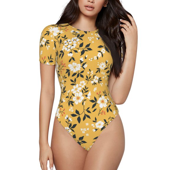 Haiem Daisies Flowers Women's Crew Neck Short Sleeve Bodysuit Tops Stretchy Slim Basic-Medium
