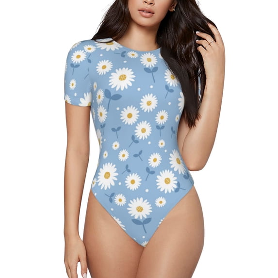 Haiem Daisies Flowers Women's Crew Neck Short Sleeve Bodysuit Tops Stretchy Slim Basic-Small