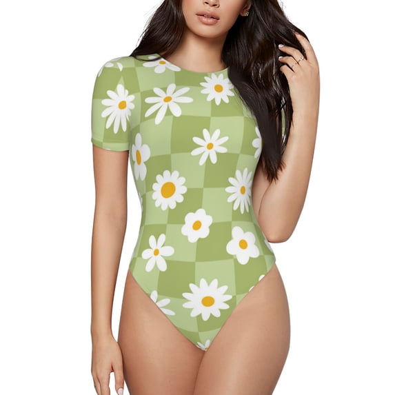 Haiem Daisies Flowers Women's Crew Neck Short Sleeve Bodysuit Tops Stretchy Slim Basic-XX-Large