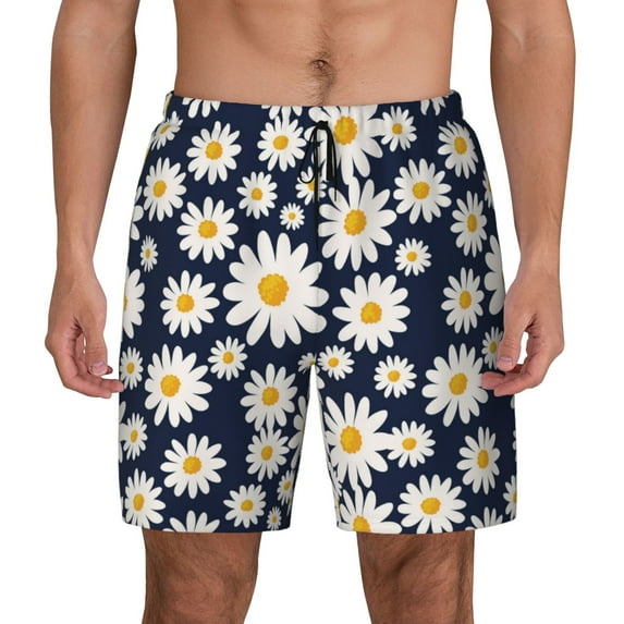 Haiem Daisy Floral Mens Swim Trunks with Compression Liner 2 in 1 Swimming Shorts Stretch Swimwear Quick Dry,Board Shorts-Small