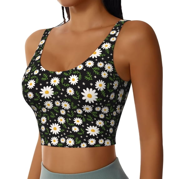 Haiem Daisy Pattern Womens Sports Bra - U Neck Padded Low Impact Yoga Bra Workout Crop Top Gym Moisture-Wicking Workout Vest -
