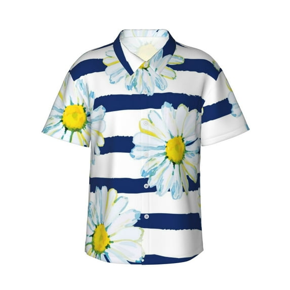 Haiem Daisy Striped Nautical Printed Hawaiian Shirt for Men - Men’s Casual Beach Summer Shirts - Stretch Fabric with Modern Fit-3X-Large
