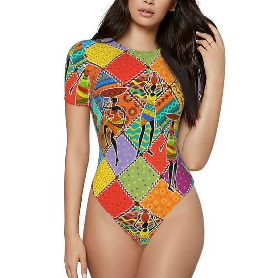 Haiem Dancing African Womans Women's Crew Neck Short Sleeve Bodysuit Tops Stretchy Slim Basic-Medium