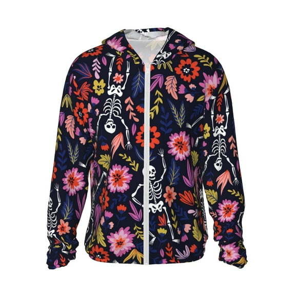 Haiem Dancing Skeletons Floral Garden UPF 50+ Fishing Shirts for Men Long Sleeve UV Sun Protection Hoodie Non-Mask Outdoor Hiking Shirts