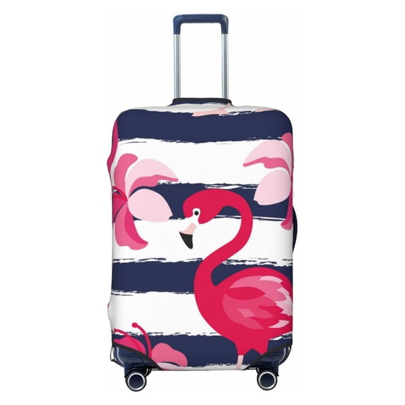 Haiem Dark Blue Stripes and Pink Flamingos Luggage Cover Printed Suitcase Covers for Luggage Elastic Washable Suitcase Protector Fits 18-32 Inch Luggage-Small