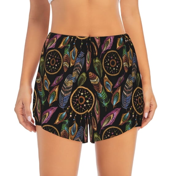 Haiem Decorative Feathers Women's 2 in 1 Running Shorts - Lightweight Athletic Workout Gym Yoga Breathable Sports Shorts Liner with Phone Pockets-XX-Large