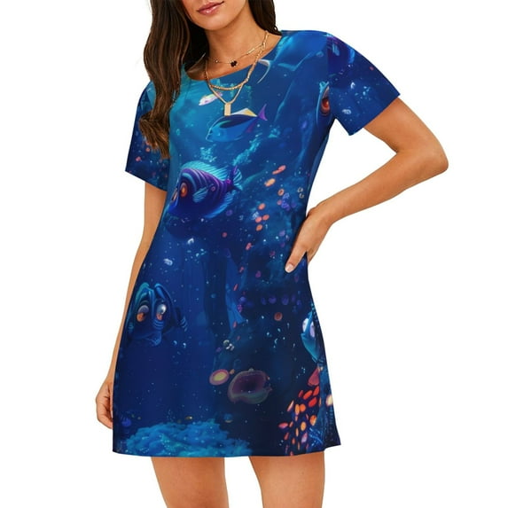 Haiem Deep Sea Glowing Fishes Print Women’s Short-sleeved Nightdress – Comfortable and Loose-Fit Sleepwear, Soft Cotton Sleep Shirt for Relaxing, Casual Nightdress